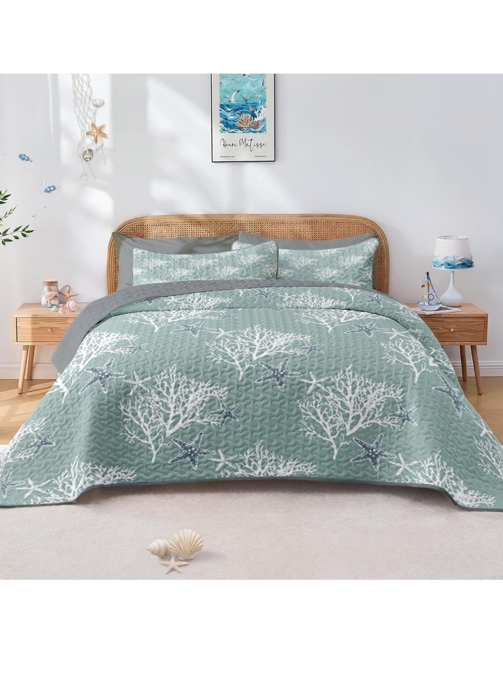 Pamnest Quilt Set King Size, Ocean Water Beachy 3 Pcs Soft Bed Cover Bedding Set